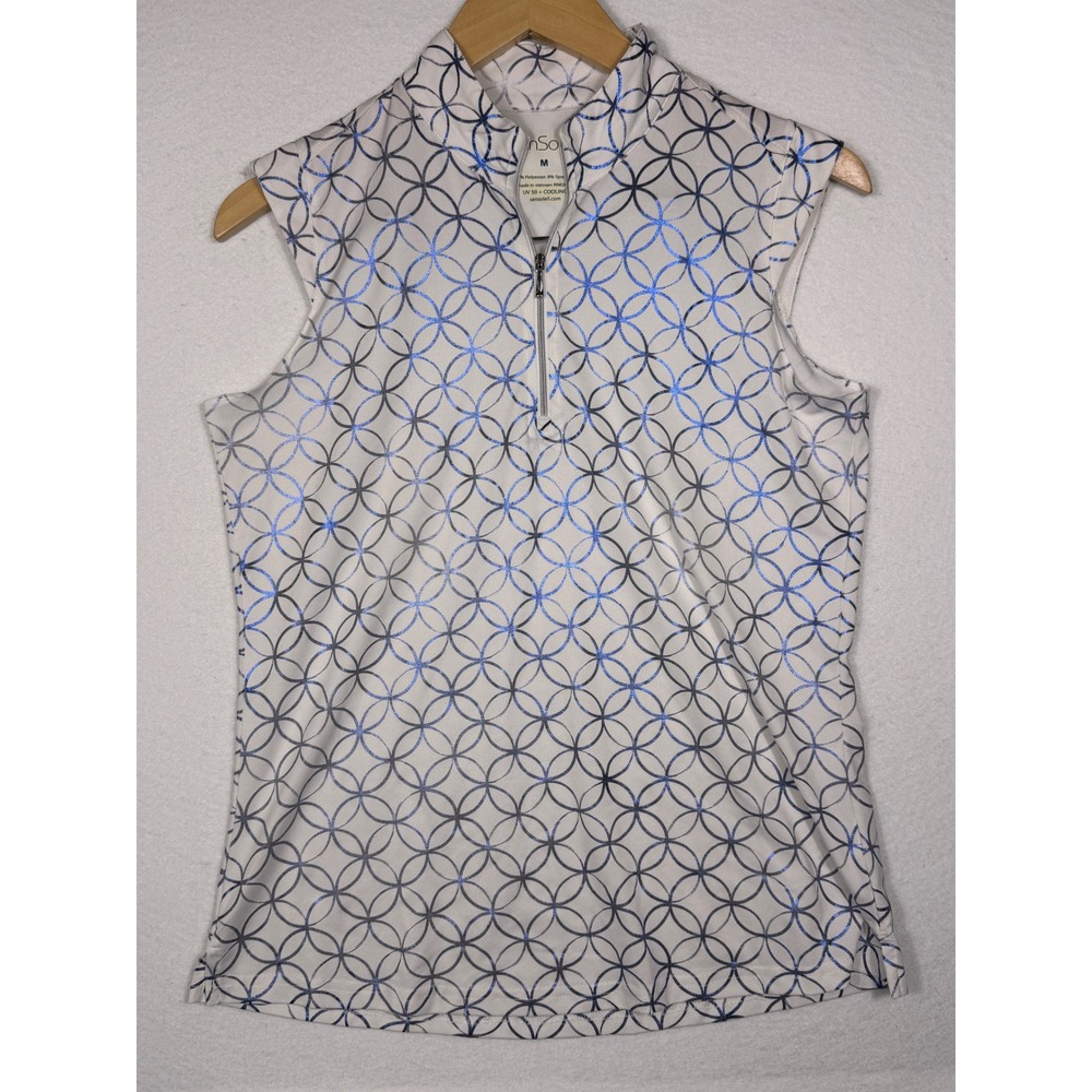 SanSoleil Golf Top Women Medium White Blue Geometric UV 50+ Cooling Sleeveless